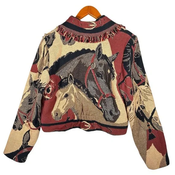 VINTAGE Cropped Horse Print Fringed Throw Blanket Western Jacket - Picture 4 of 14